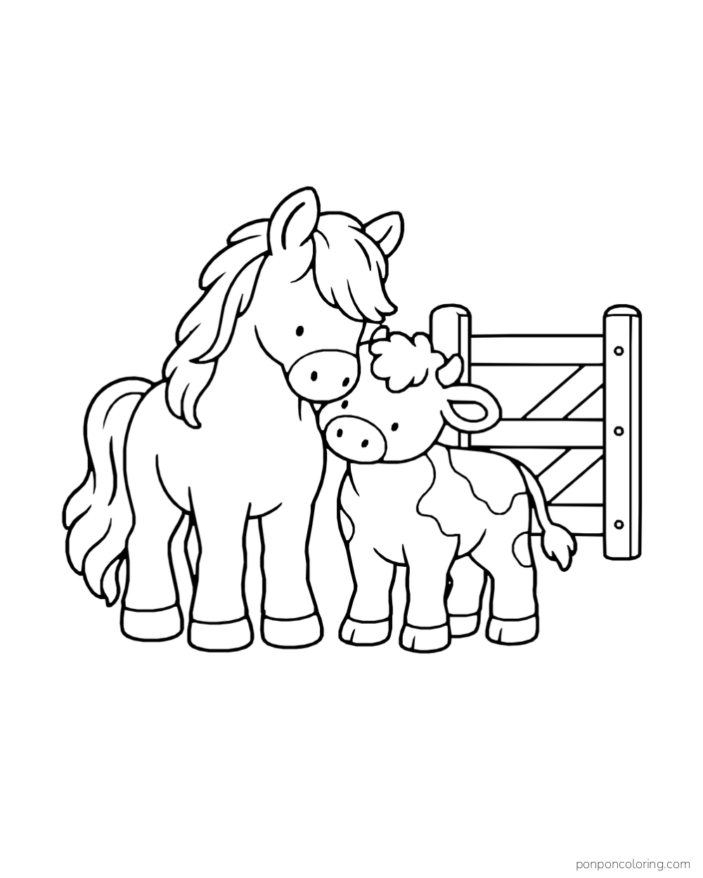 A pony rests its muzzle against a calf beside a wooden gate.
