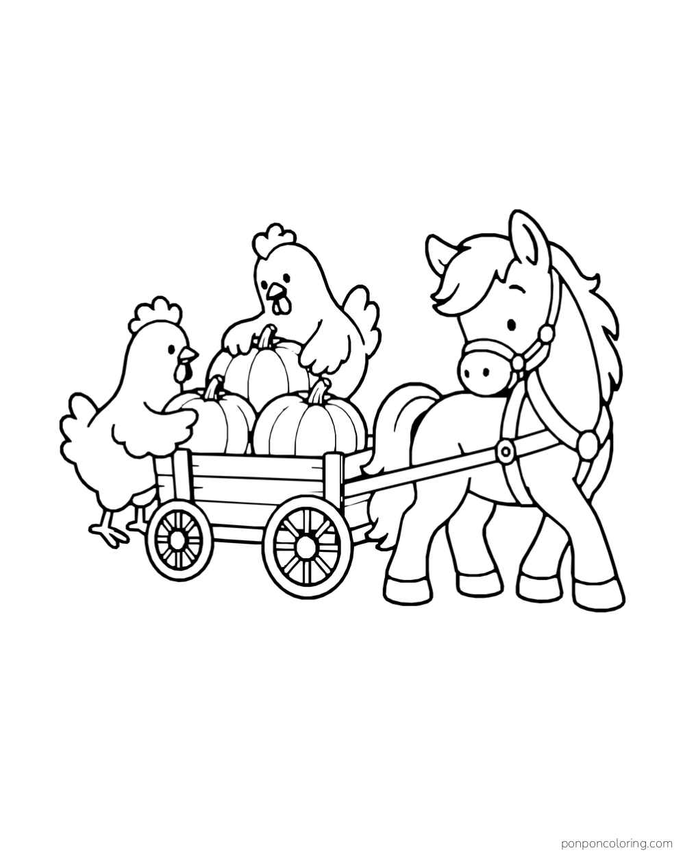 A harnessed pony looks back at two hens and pumpkins in a wagon.