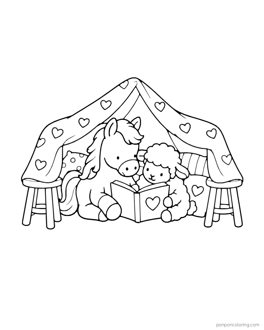 A pony and sheep share a book under a heart-patterned blanket stretched between two stools.