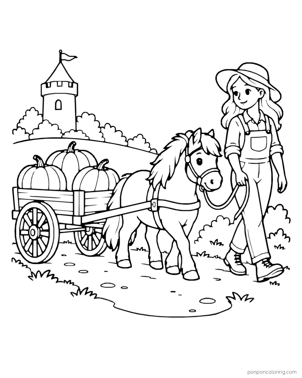 A pony pulling a cart full of pumpkins along a path while a woman walks beside it and a castle tower stands in the distance.