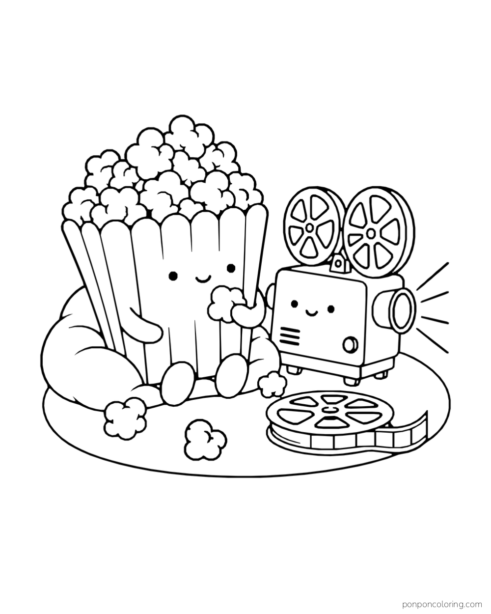 A popcorn carton sits on a cushion beside a film projector and a loose reel.