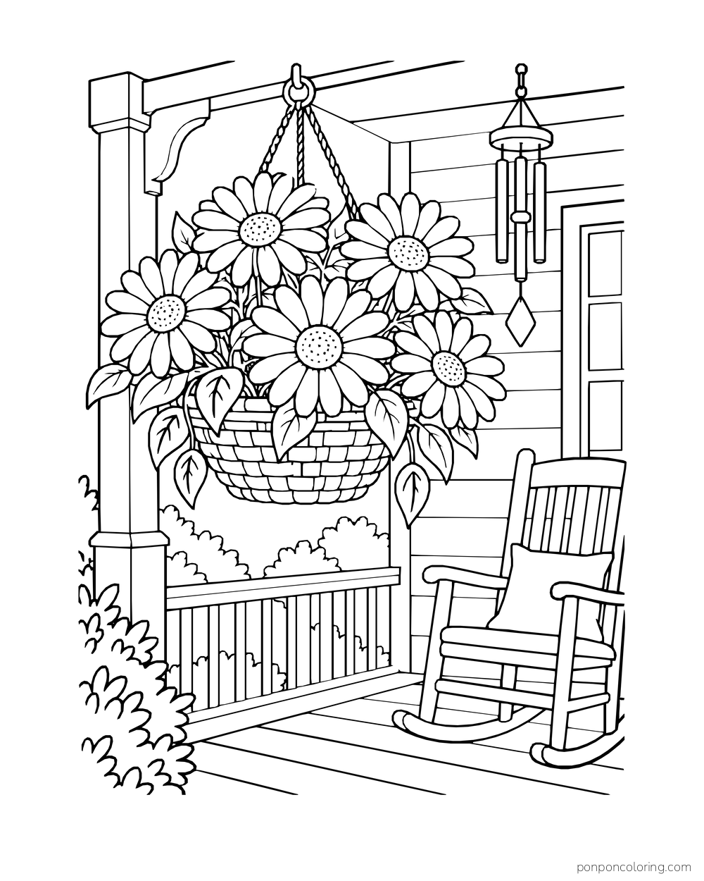 A woven basket full of daisies hangs on a porch near a wind chime and rocking chair.