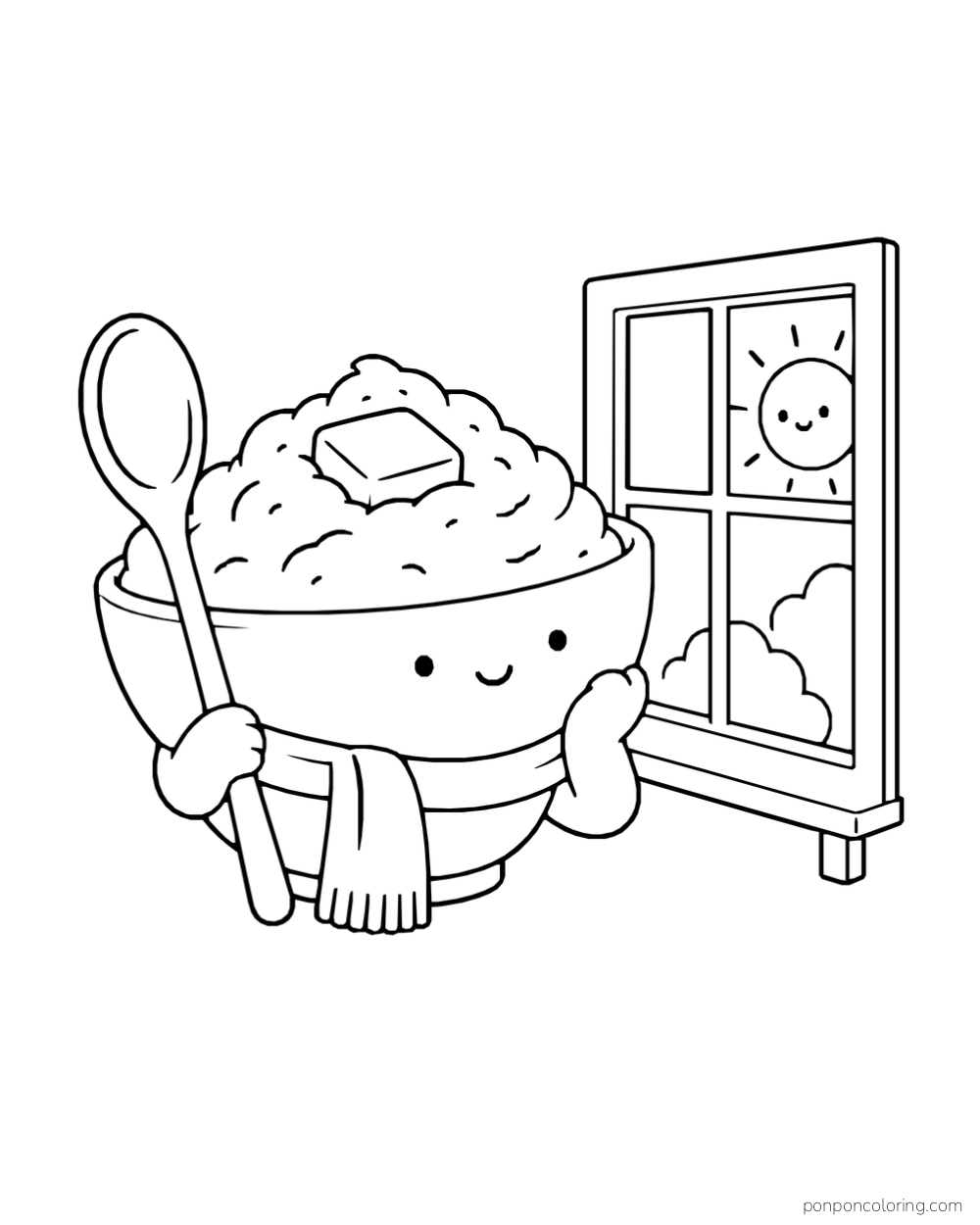 A porridge bowl wearing a scarf holds a spoon beside a sunny window.
