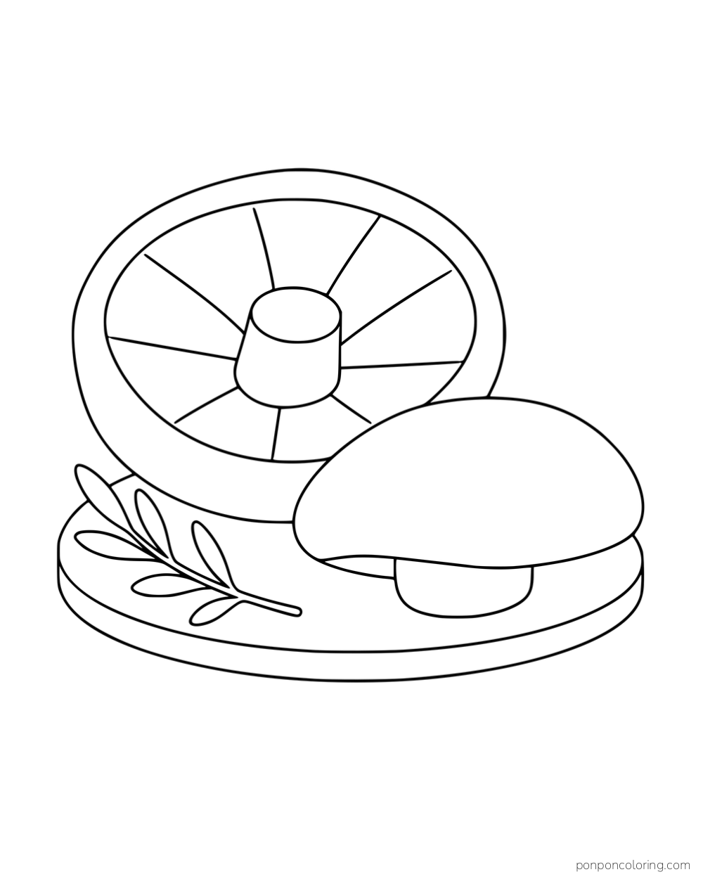 Two portobello mushrooms on an oval board, one showing its gills and short stem.