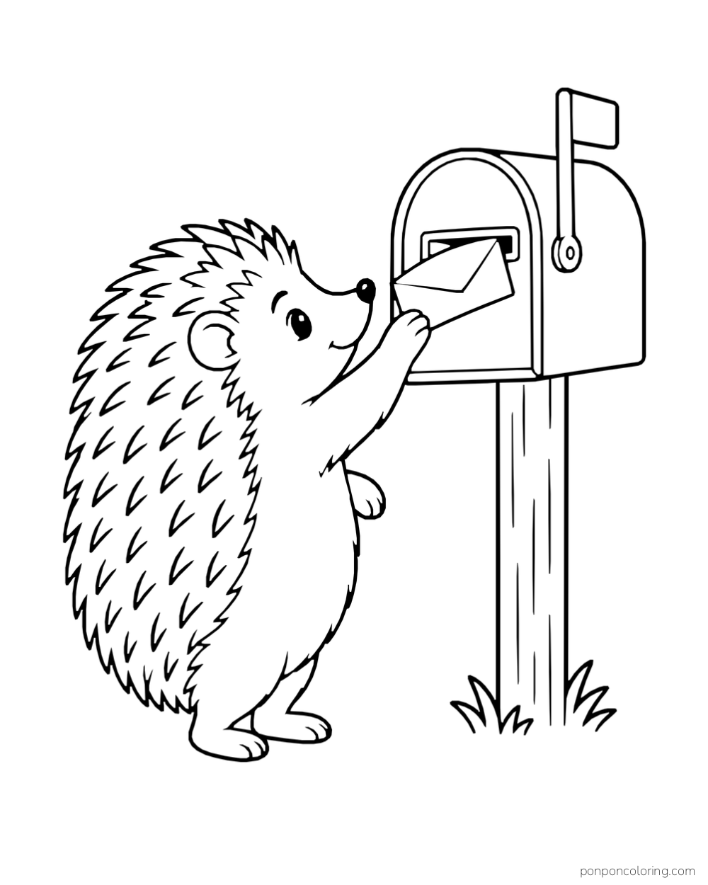 A hedgehog reaches up to put a small envelope into a mailbox on a post.