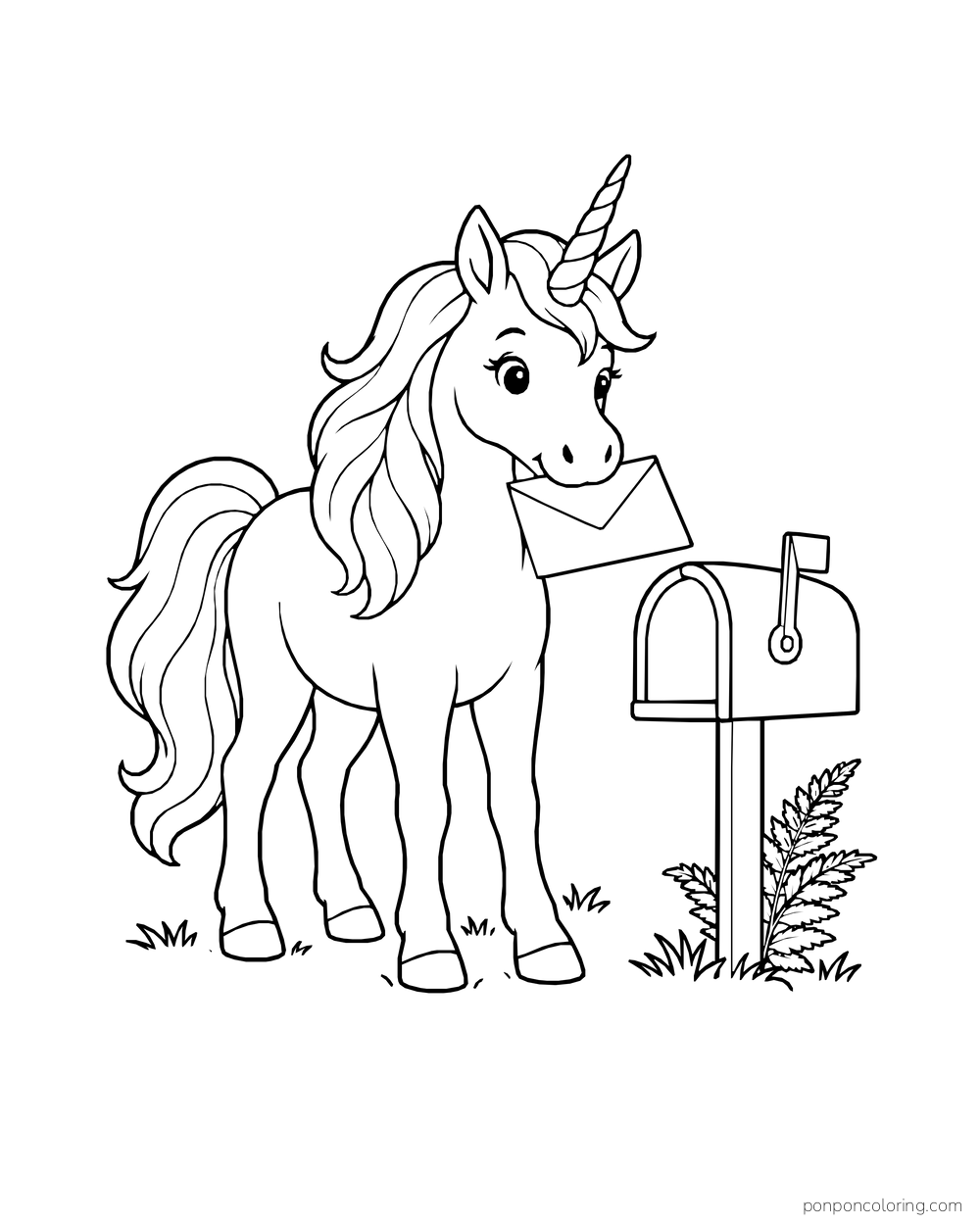 A unicorn carries a blank envelope toward a rounded mailbox by a fern.