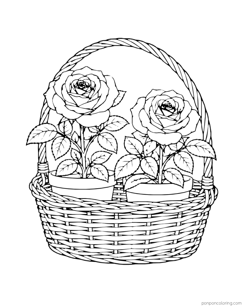 Two small rose pots inside a wicker basket with a curved handle.