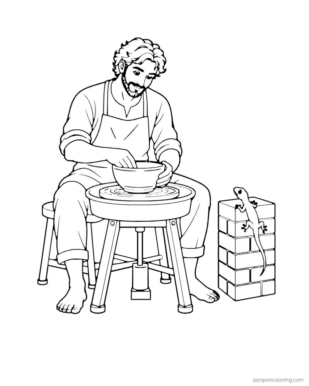 An adult shapes a bowl on a pottery wheel while a small gecko clings to a nearby brick block.