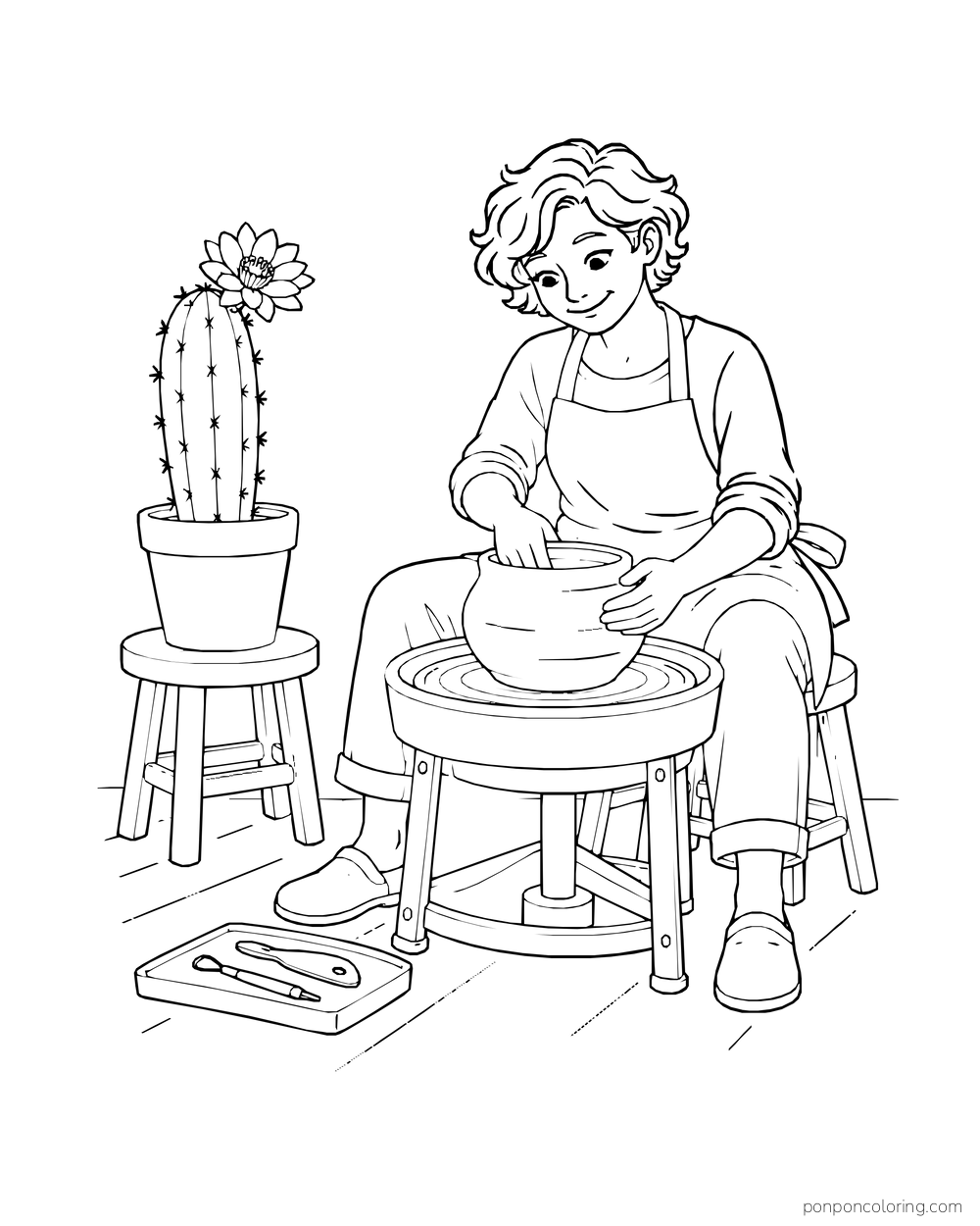 A potter shapes a clay vessel at a wheel beside a potted flowering cactus.