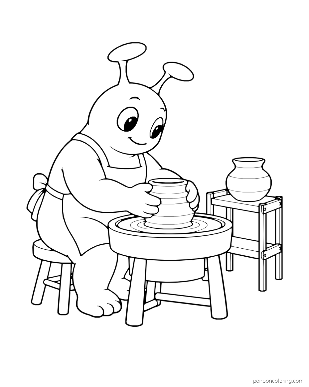 An alien shapes a pot at a small pottery wheel.