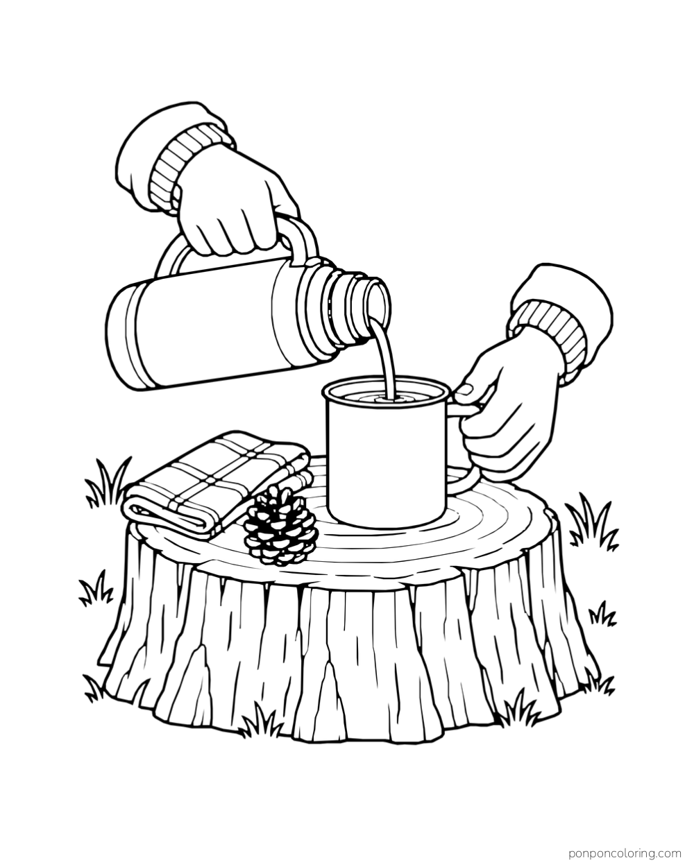 Close-up hands pour a drink from a thermos into an enamel mug.