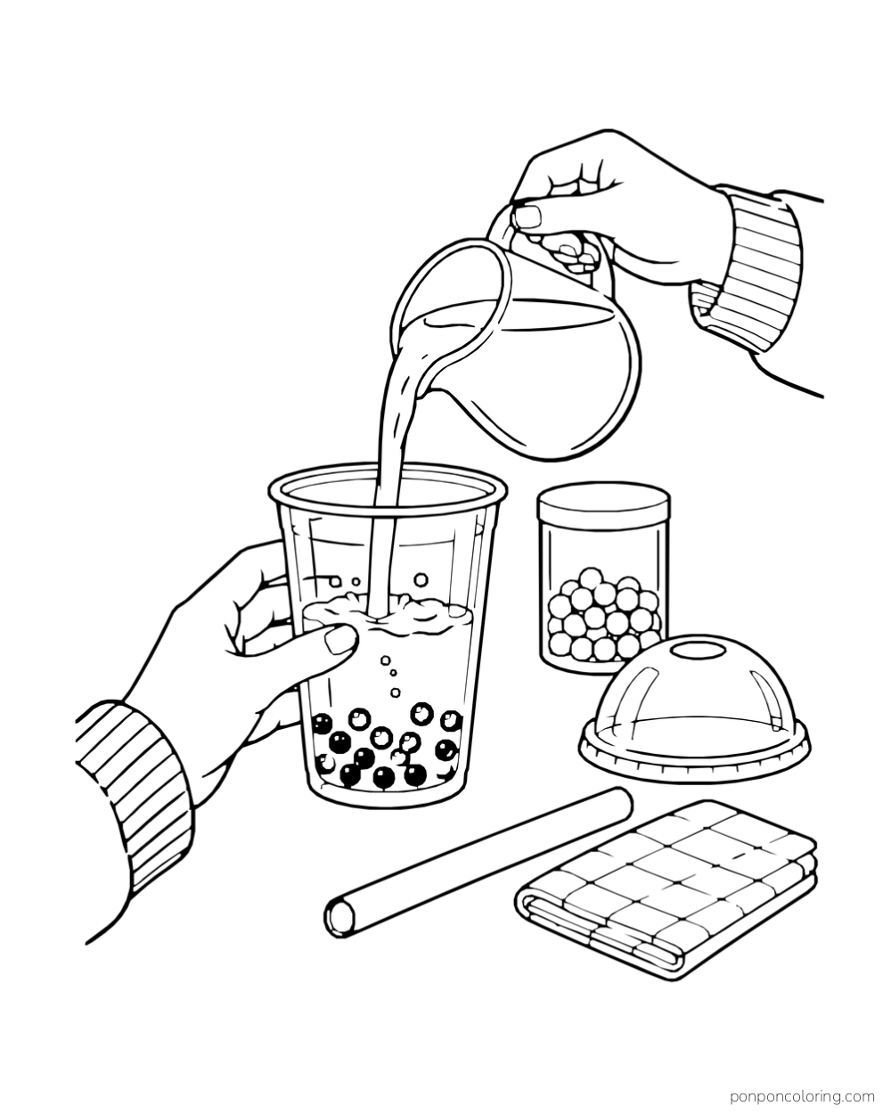 One hand pours tea from a pitcher into a pearl-filled cup while another steadies it.
