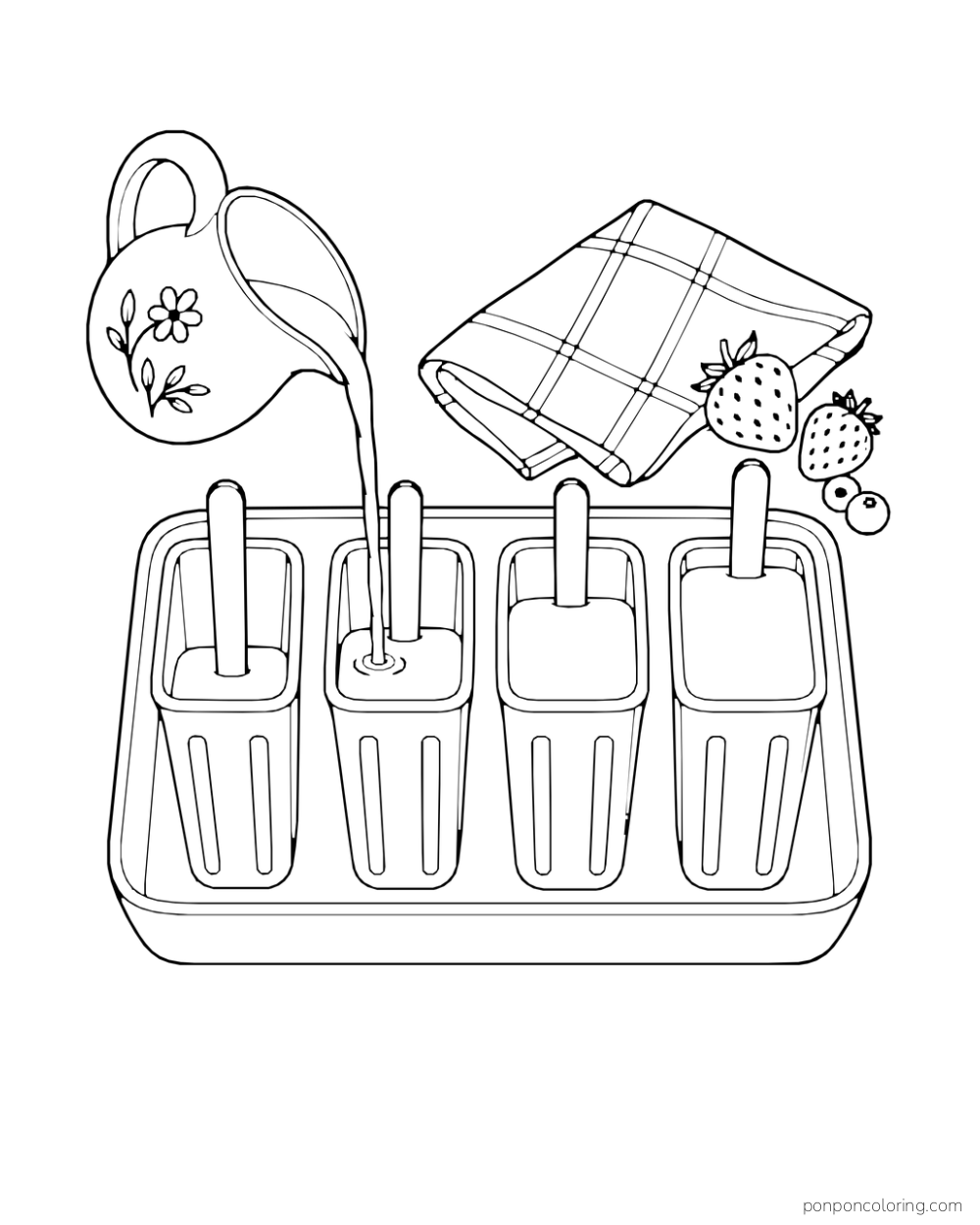 A pitcher pours liquid into one of four ice-pop molds beside a towel and berries.