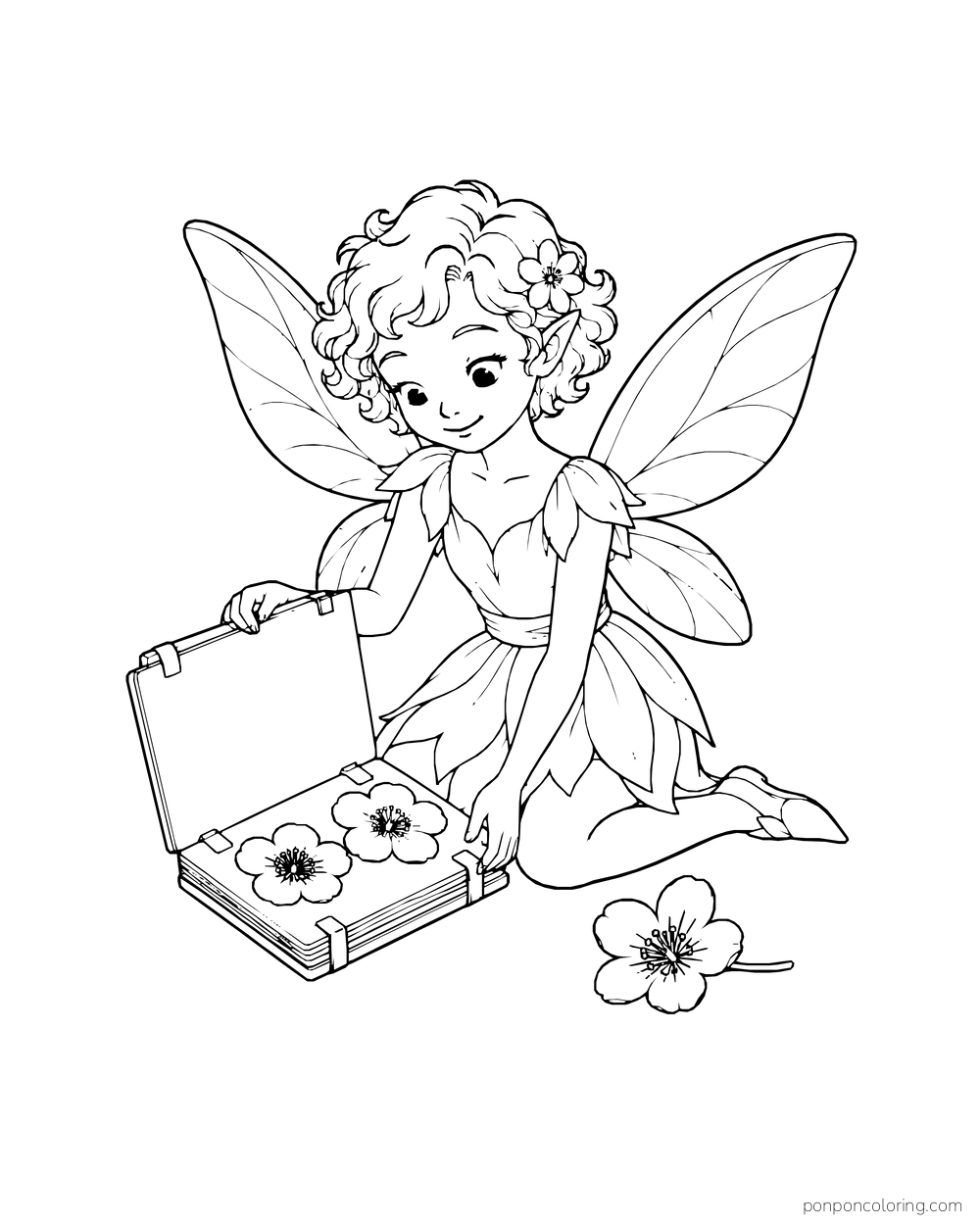 Curly-haired fairy opening a pressed-flower book with two blossoms inside.