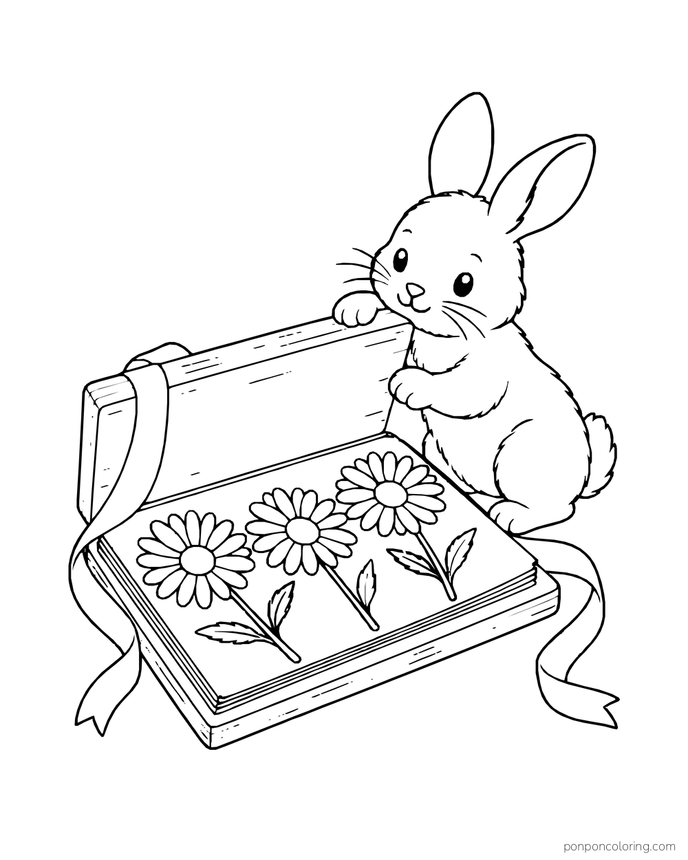 A rabbit looks at daisies laid in an open flower press tied with a ribbon.