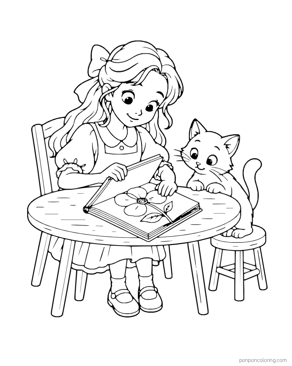 A girl presses flowers in an open book at a round table while a kitten watches from a stool.
