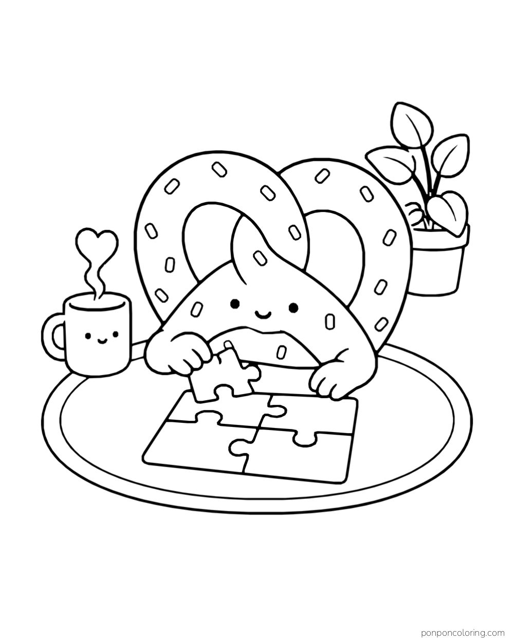 A pretzel places a piece into a small puzzle on an oval mat beside a mug and a plant.