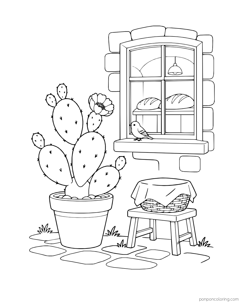 A potted prickly pear stands outside a bakery window with two loaves, a sparrow, and a covered basket.