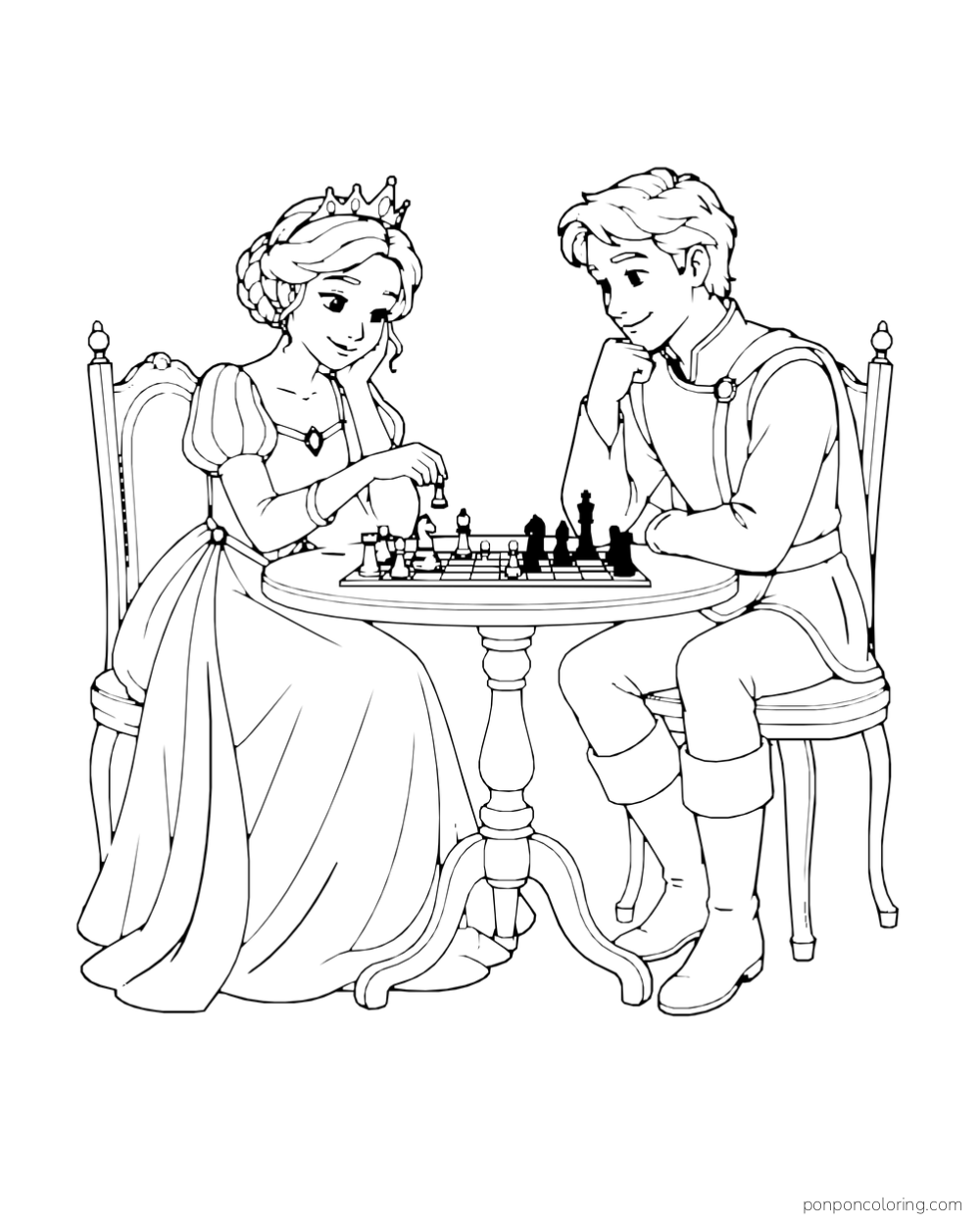 A princess and prince sit across a small round table and play chess.