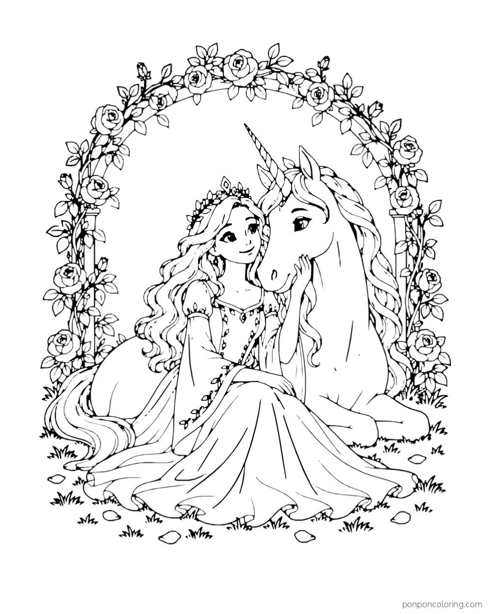 A princess rests beside a unicorn under a complete rose arch.