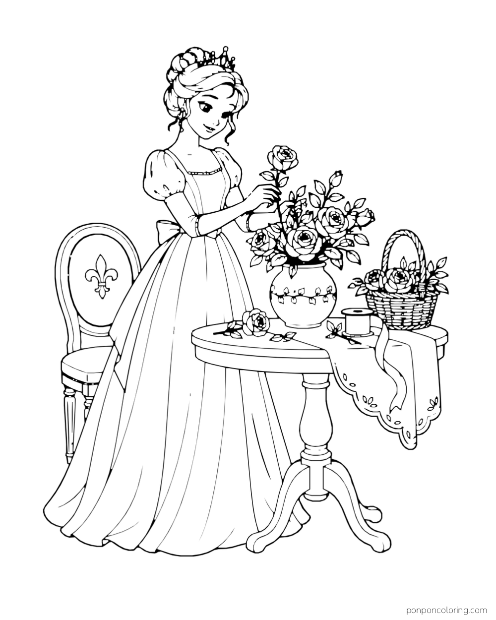 A princess arranges roses in a vase at a table beside a basket of blooms.