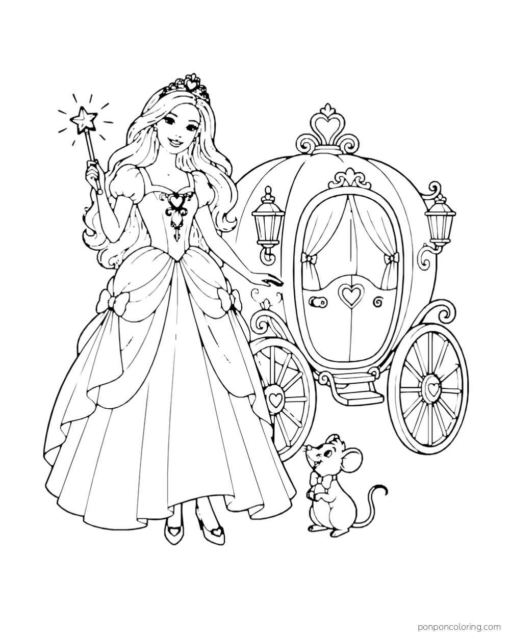 Princess Barbie holds a star wand beside a rounded carriage and a small mouse.