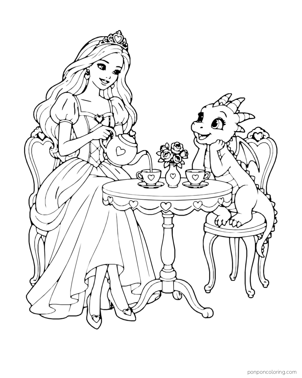 Princess Barbie pours tea at a round table while a small dragon sits in the opposite chair.
