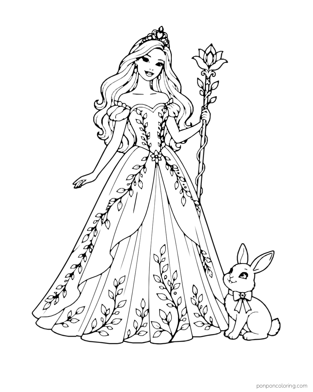 Princess Barbie wears a flowing floral gown and holds a rose beside a rabbit wearing a bow.