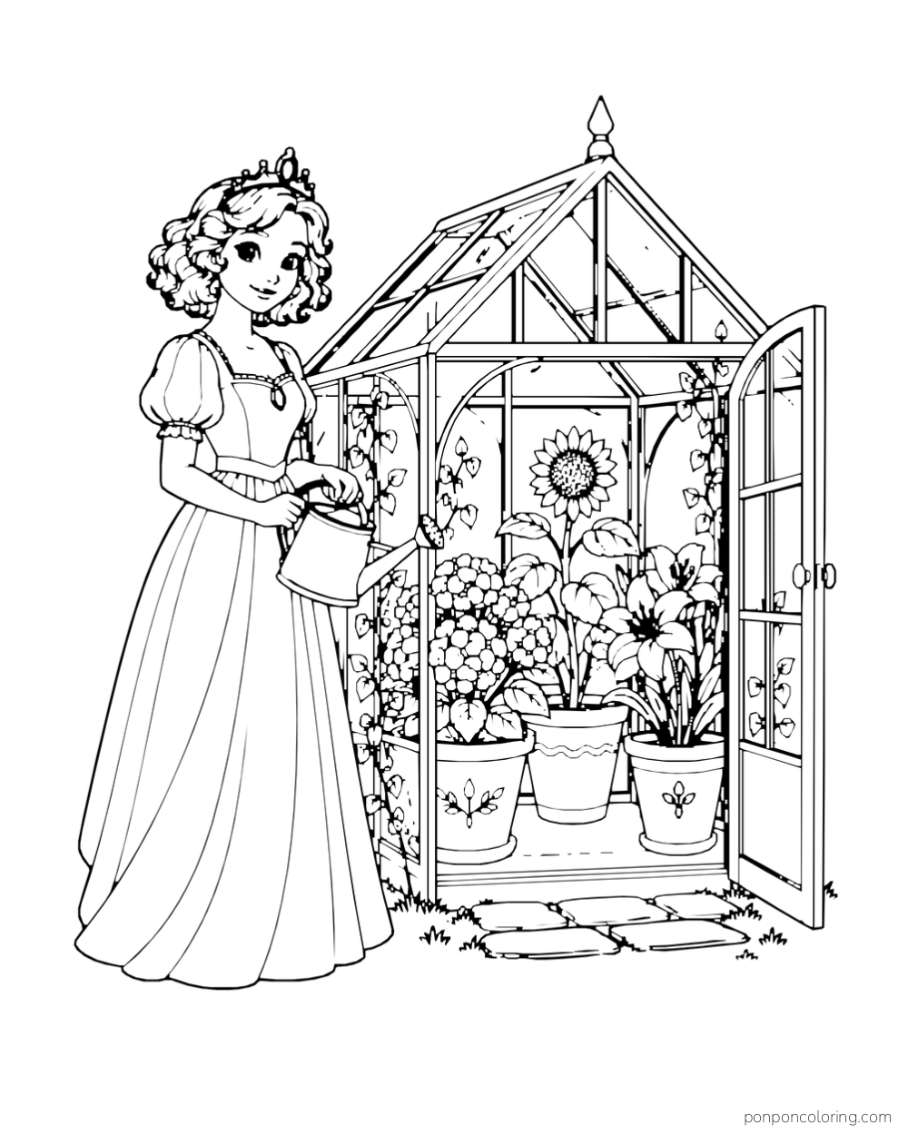 A princess holds a watering can beside a small greenhouse filled with flowers.