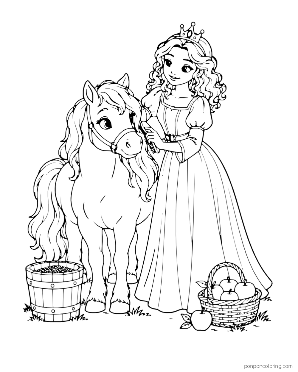 A princess brushes a pony beside a feed bucket and basket of apples.