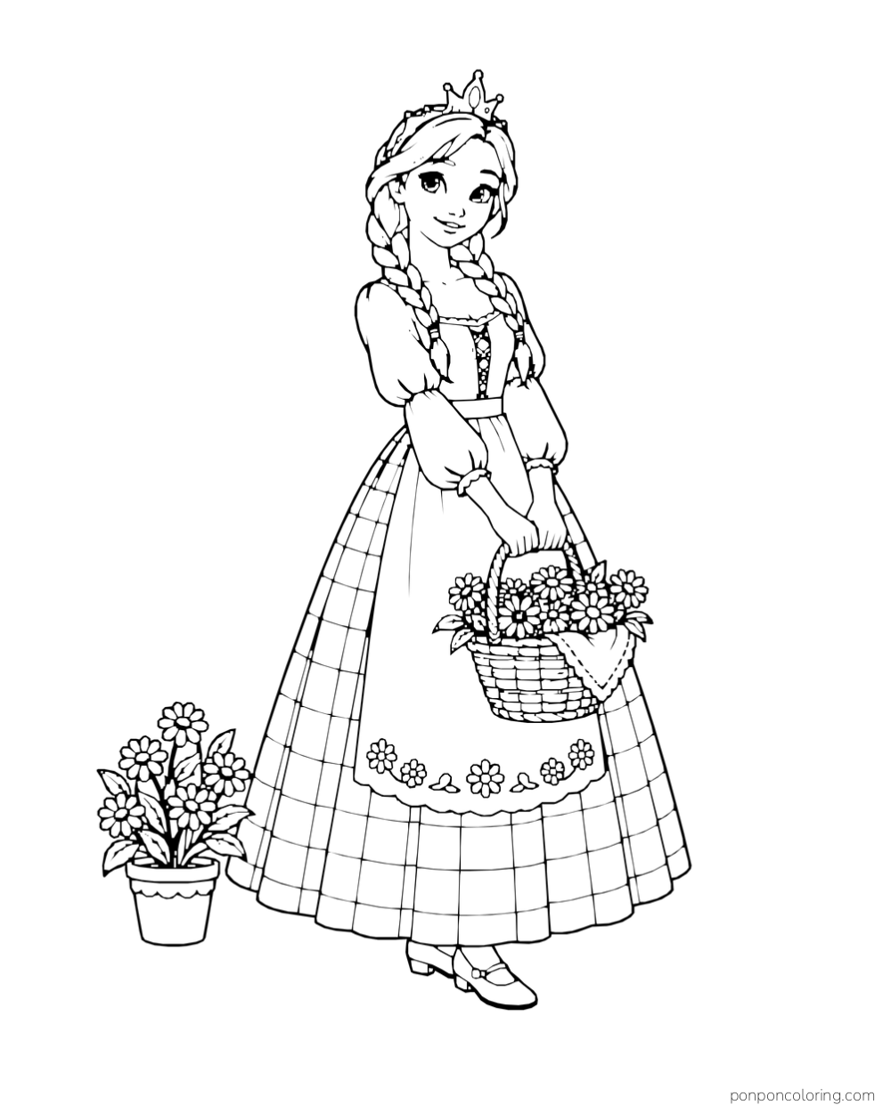 A princess with two braids wears a checked gown and apron while carrying daisies beside a flowerpot.