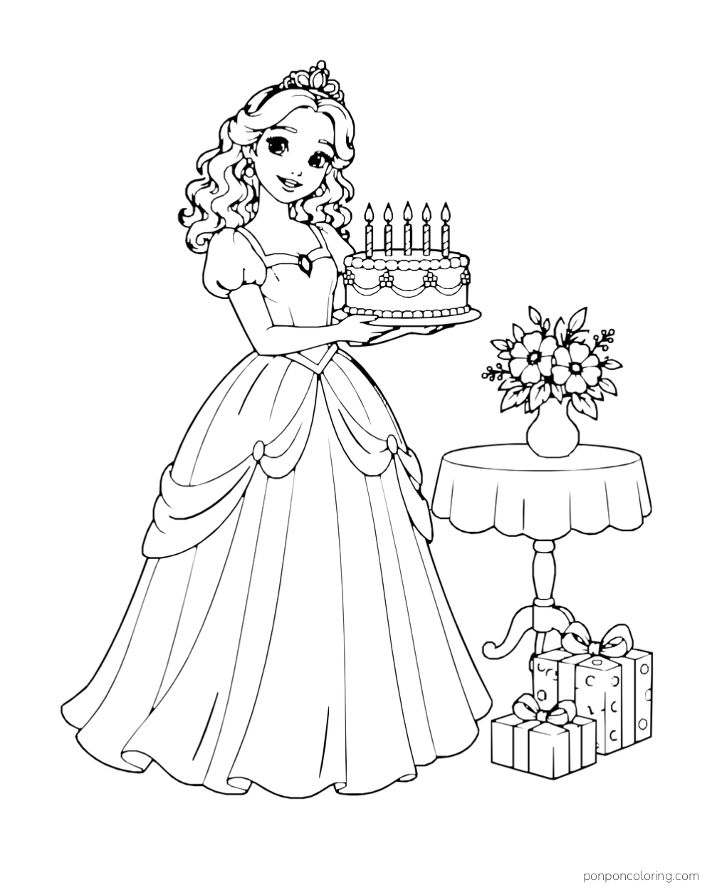 A princess carries a birthday cake with five candles beside gifts and a flower-topped table.