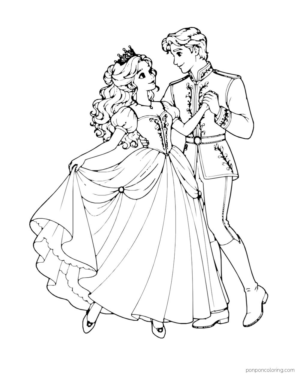 A princess lifts one side of her flowing gown while dancing with a prince.