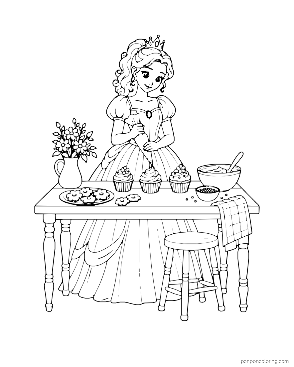 A princess pipes frosting onto cupcakes at a complete table beside cookies, a bowl, and flowers.
