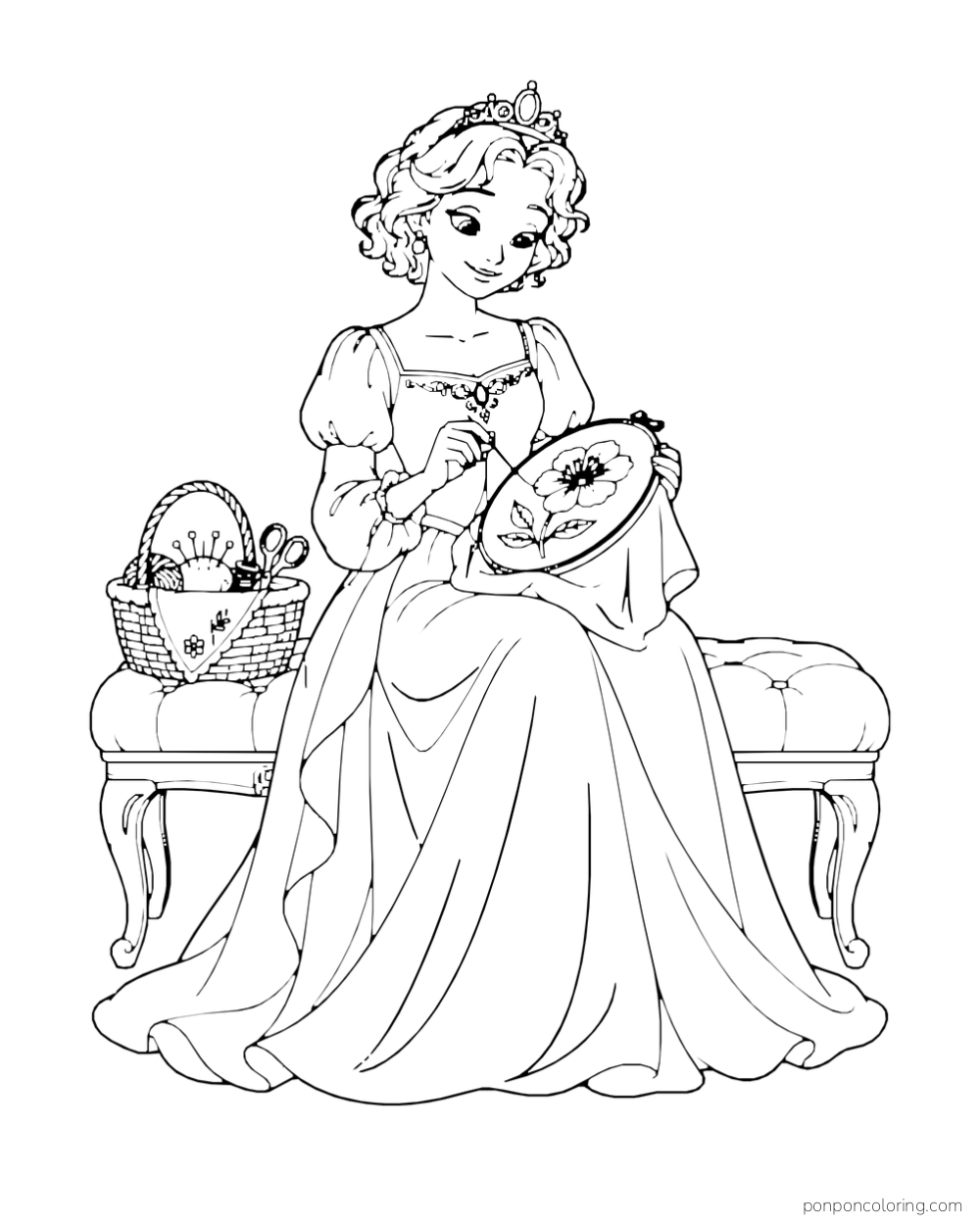 A princess embroiders a flower in a hoop while seated on a cushioned bench beside a sewing basket.