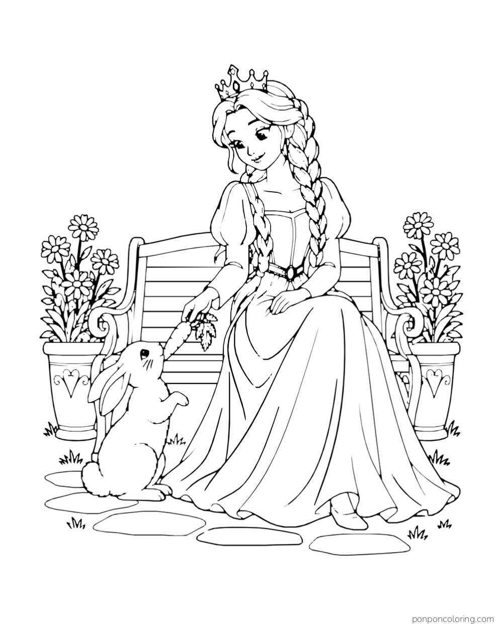 A princess sits on a garden bench and offers a carrot to a rabbit beside potted flowers.