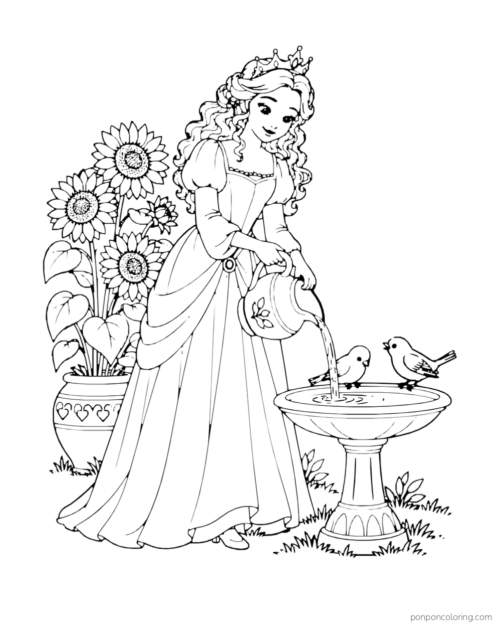 A princess pours water into a birdbath with two birds beside potted sunflowers.