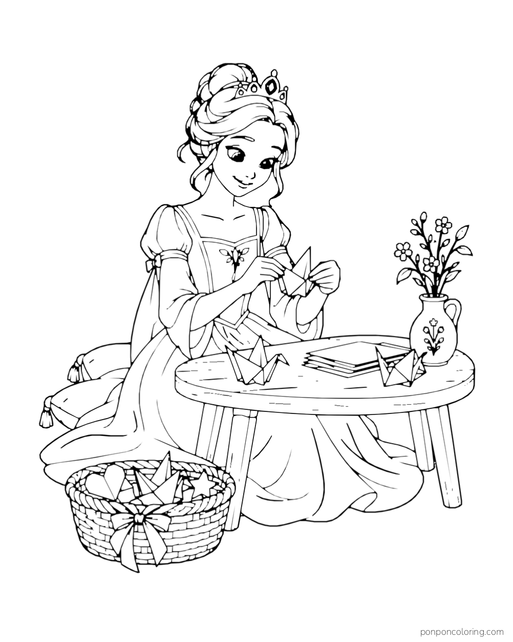 A princess folds paper birds at a low table beside a basket of folded paper and a vase.