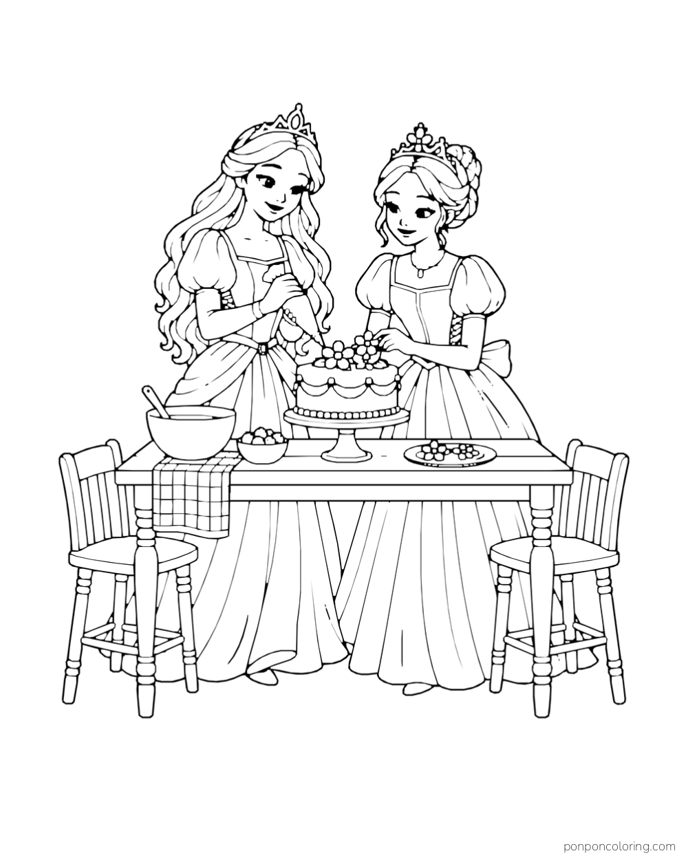 Two princesses decorate a cake at a table with mixing bowls and two stools.