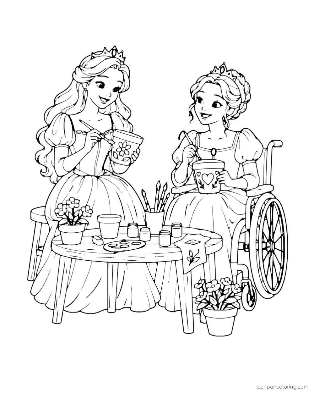 Two princess friends paint flowerpots at a low table, with one seated in a wheelchair.