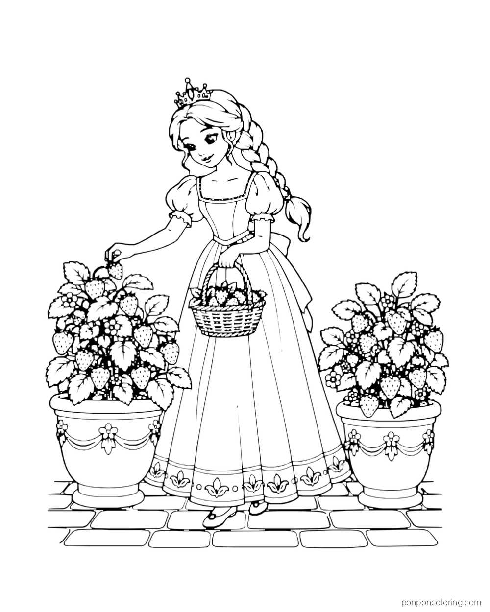 A princess gathers strawberries from two potted plants into a basket.