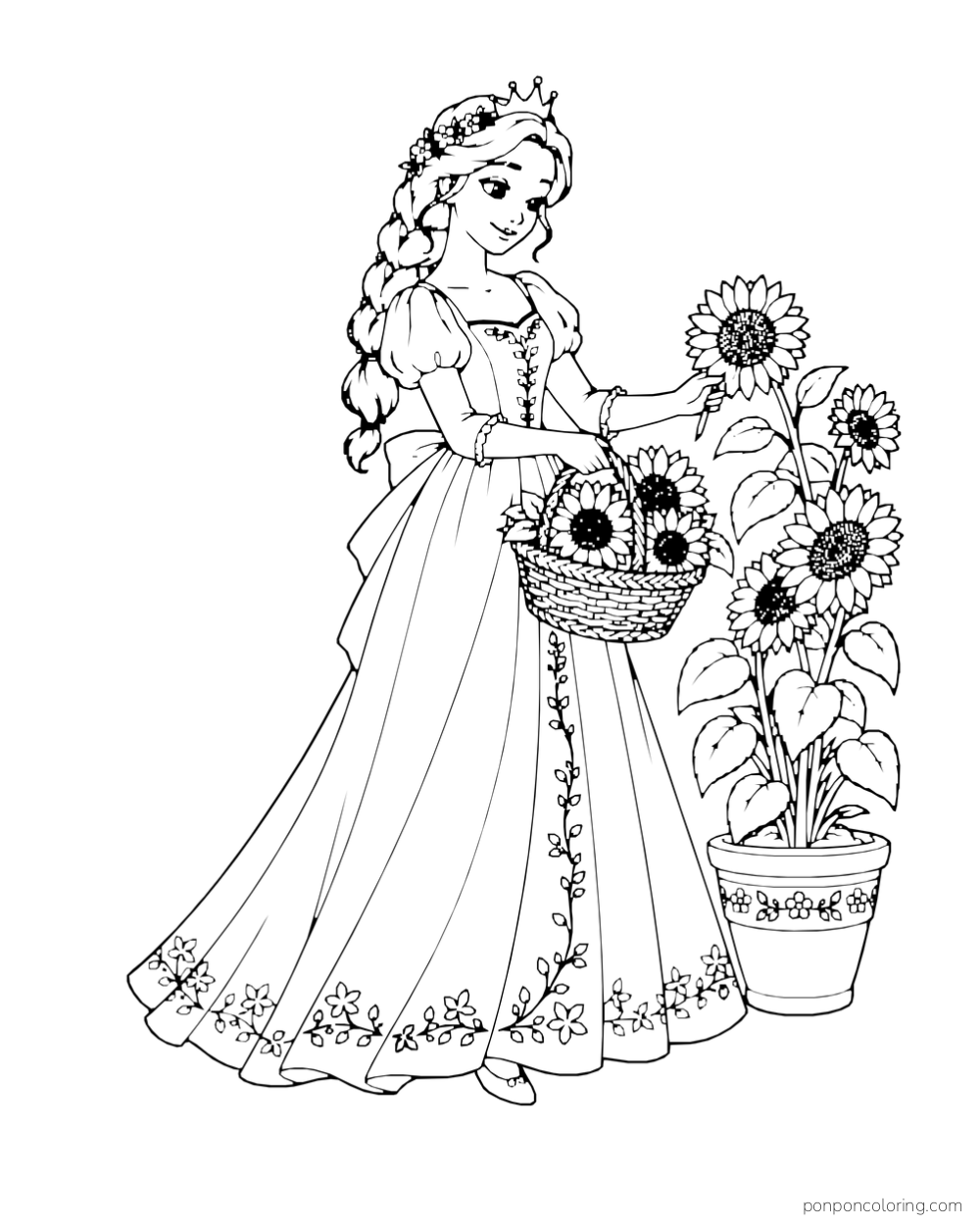 A princess holds a basket of sunflowers beside a tall potted sunflower plant.
