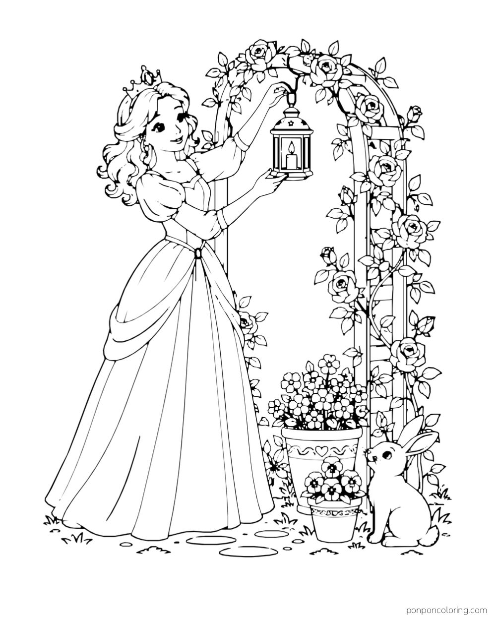 A princess hangs a lantern on a rose-covered trellis beside flowerpots and a rabbit.