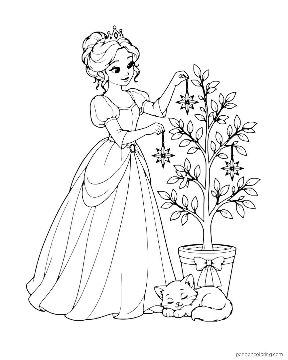 A princess hangs star ornaments on a potted tree beside a sleeping kitten.