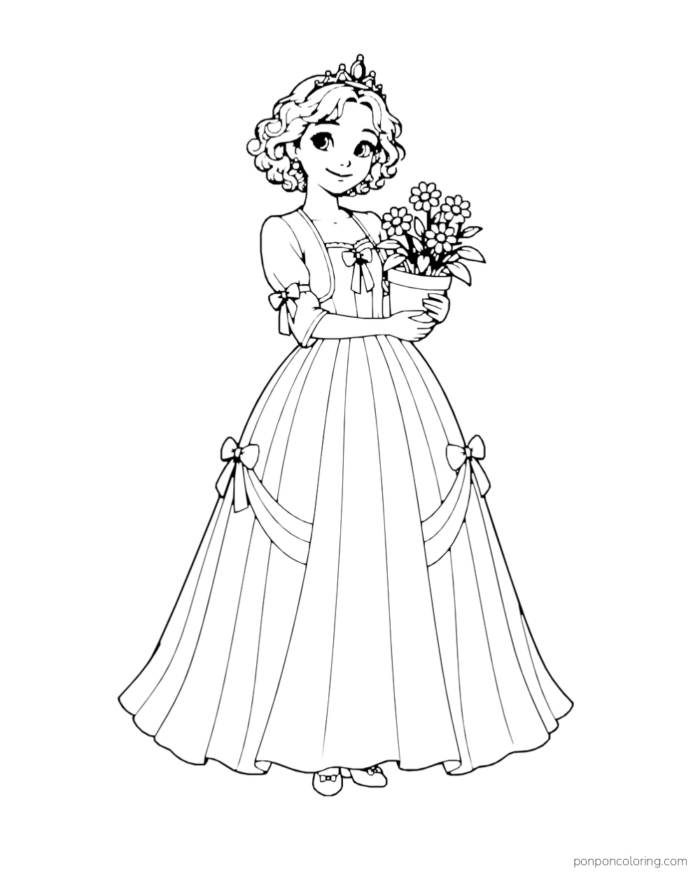 A princess with short curly hair holds a flowerpot and wears a long gown with bows.