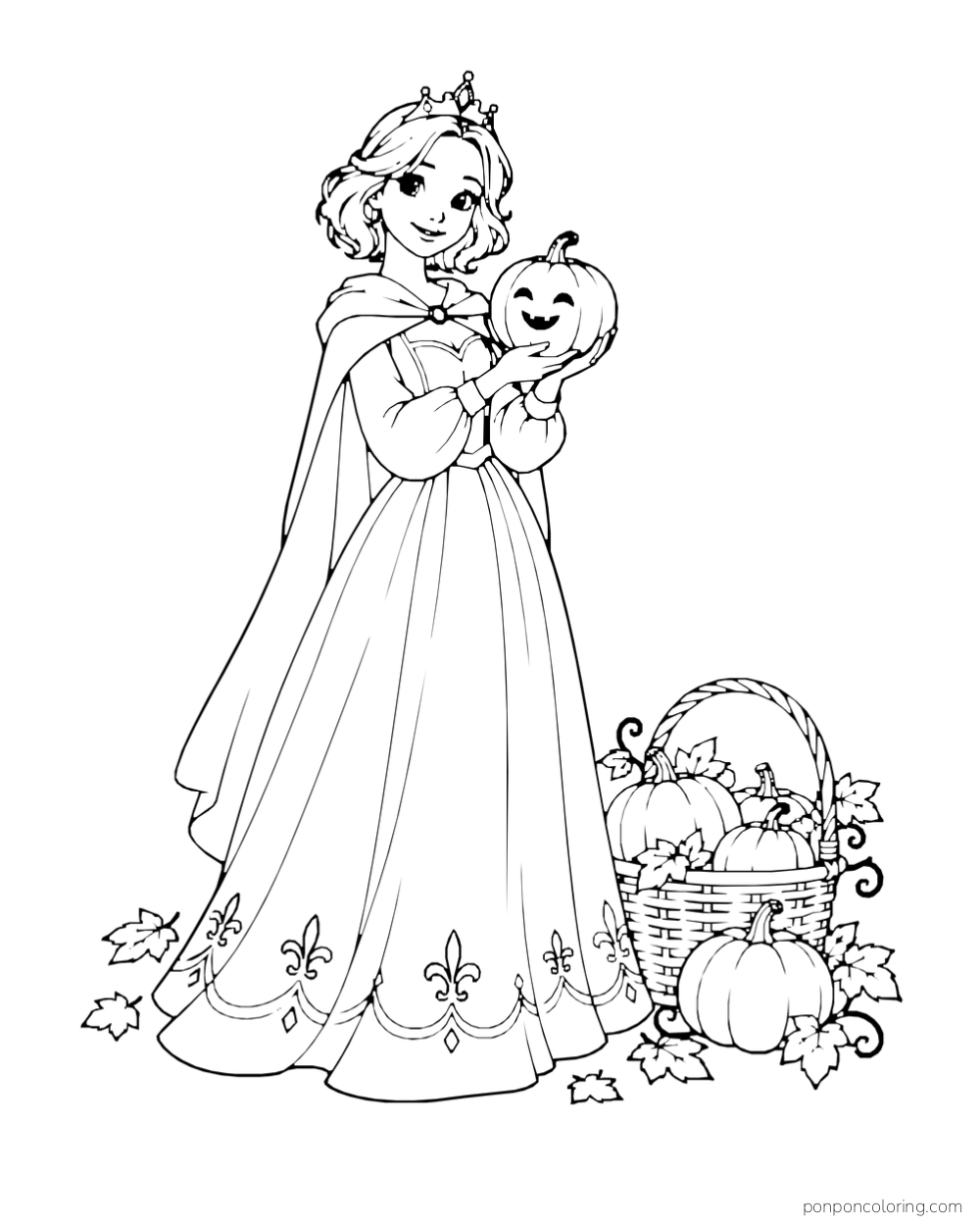 A princess holds a smiling jack-o-lantern beside a basket of pumpkins and autumn leaves.