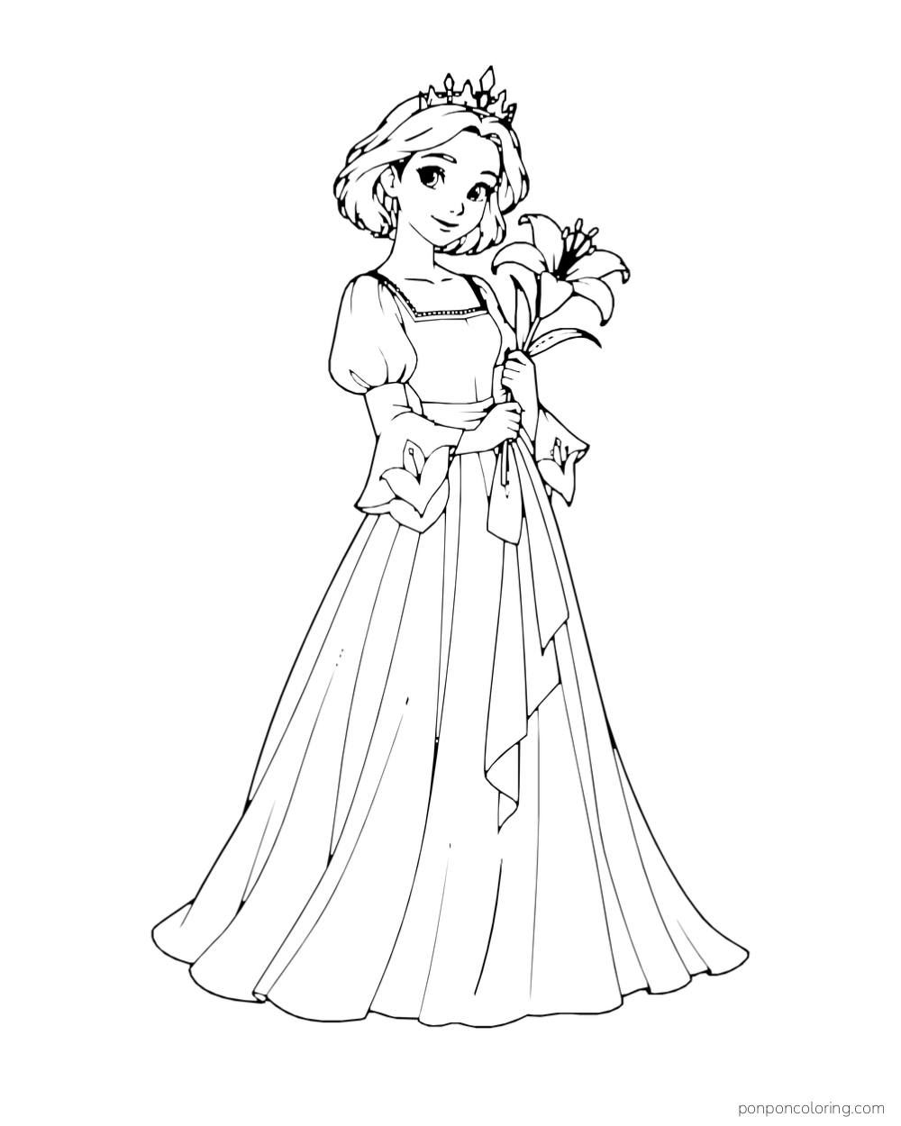A princess with short hair holds a large lily and wears a long gown with a ribbon sash.