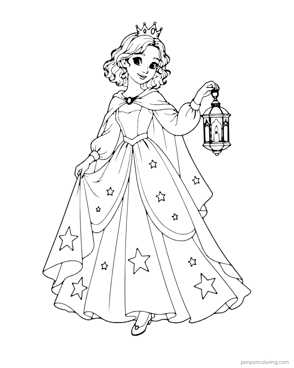A princess carries a lantern and wears a flowing star-patterned gown with a short cape.