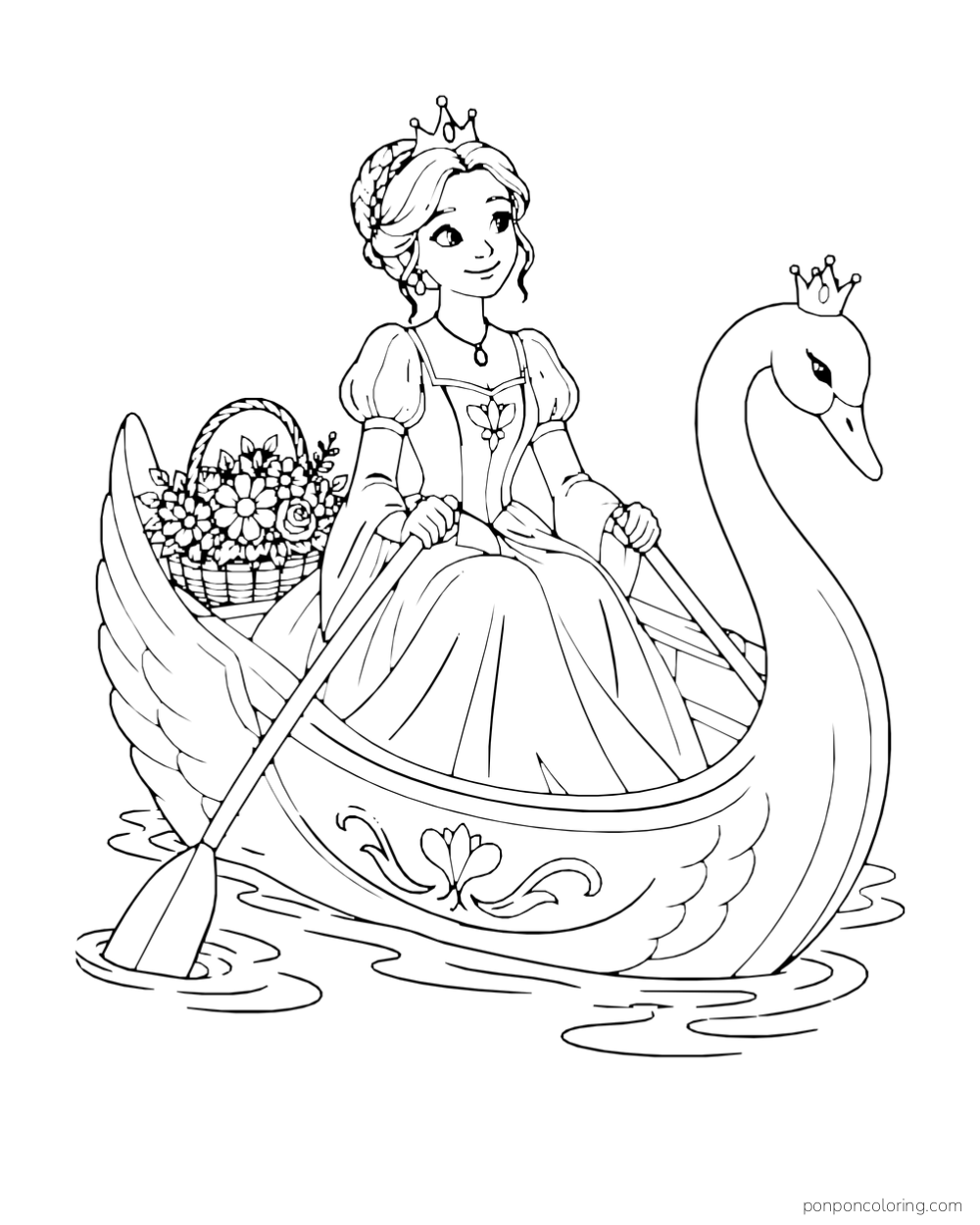 A princess sits in a swan-shaped boat with an oar and a basket of flowers.