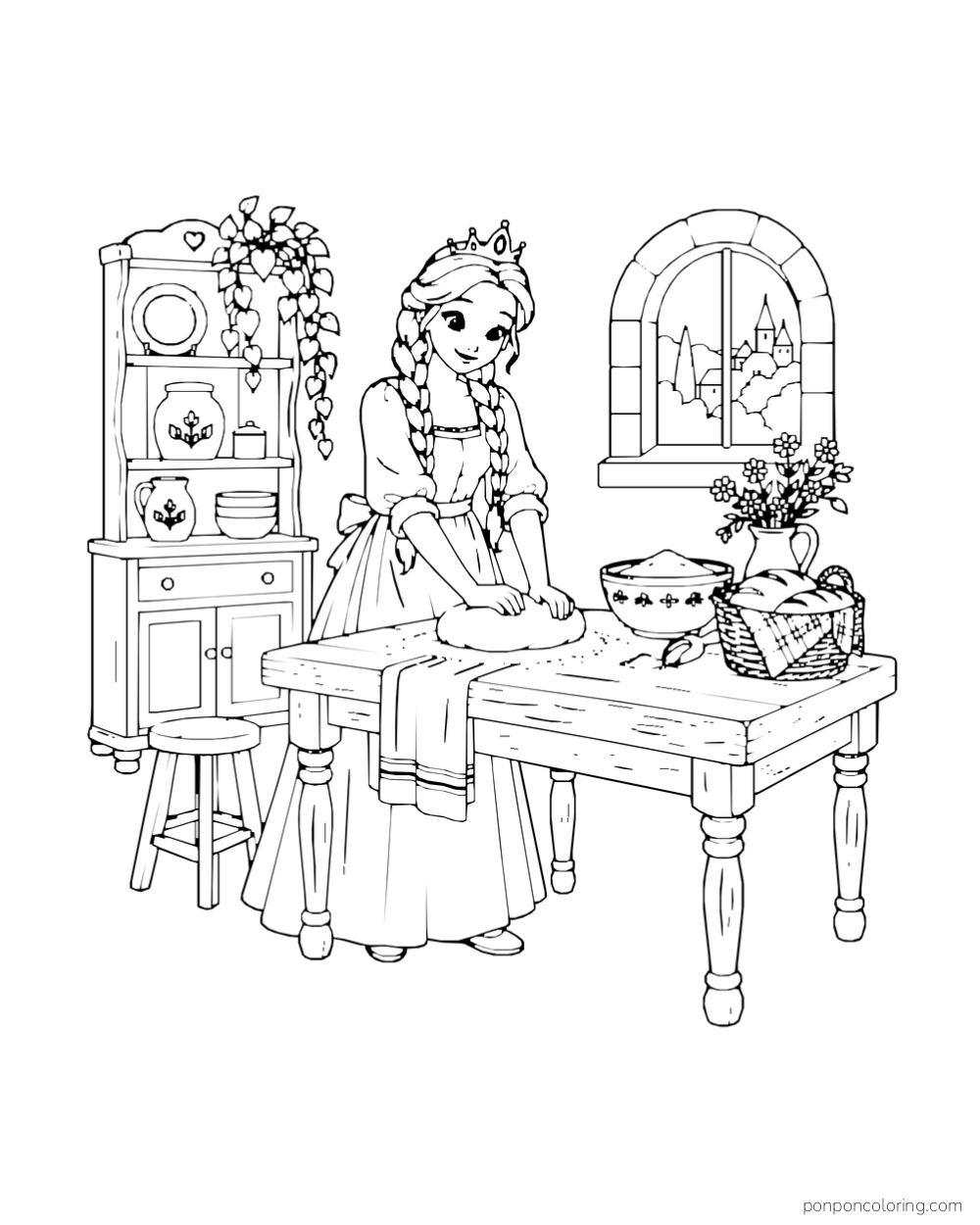 A princess kneads dough at a kitchen table beside a bowl, bread basket, cupboard, and arched window.